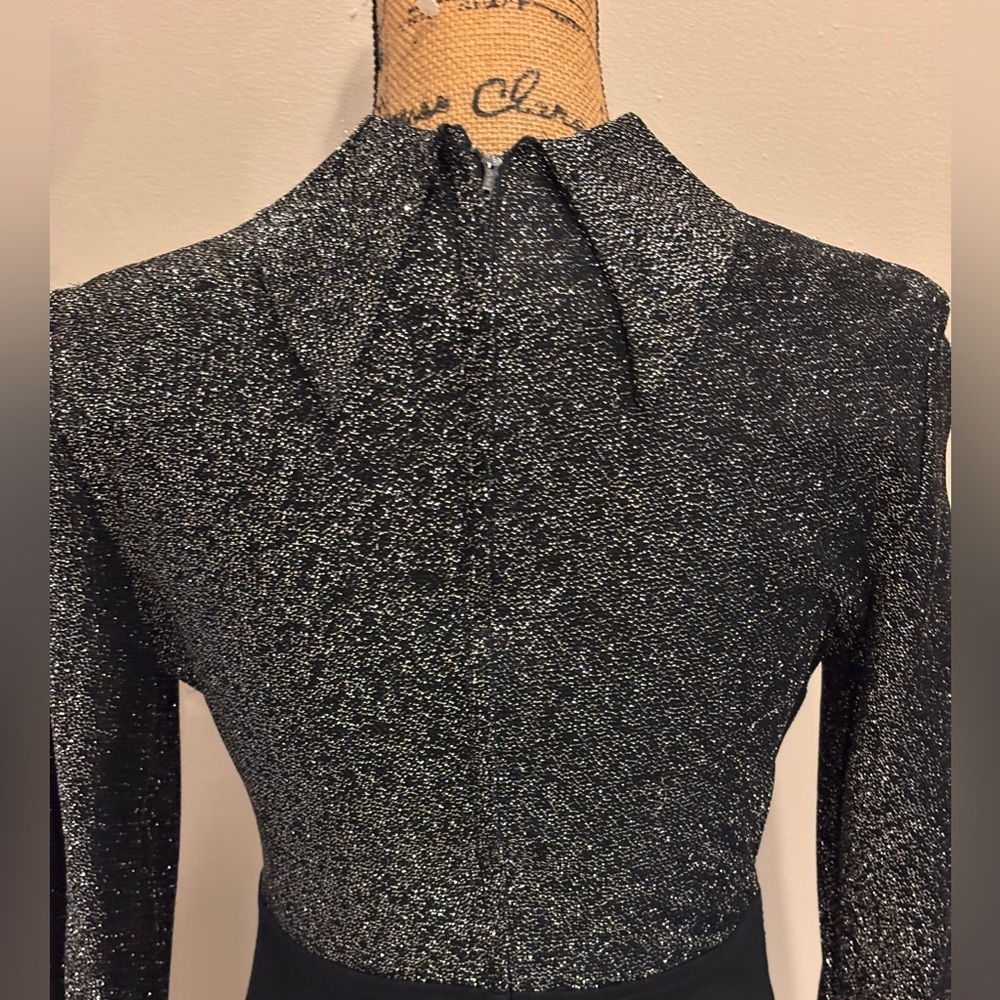 Vintage Long Black Knit Dress Silver Bodice Size Vintage 10 - Picture 8 of 11